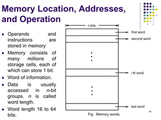42
Memory Location, Addresses,
and Operation
 Operands and
instructions are
stored in memory
 Memory consists of
many millions of
storage cells, each of
which can store 1 bit.
 Word of information.
 Data is usually
accessed in n-bit
groups. n is called
word length.
 Word length 16 to 64
bits.
second word
first word
Fig: Memory words.
n bits
last word
i th word
•
•
•
•
•
•
 