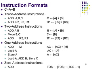 56
Instruction Formats
 C=A+B
 Three-Address Instructions
 ADD A,B,C C ← [A] + [B]
 ADD R2, R3, R1 R1 ← [R2] + [R3]
 Two-Address Instructions
 ADD A,B B ← [A] + [B]
 Move B,C C← [B]
 ADD R2, R1 R1 ← [R1] + [R2]
 One-Address Instructions
 ADD M AC ← [AC] + [M]
 Load A AC ← [A]
 Store A A ← [AC]
 Load A, ADD B, Store C
 Zero-Address Instructions
 ADD TOS ← [TOS] + [TOS – 1]
 