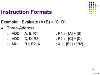 58
Instruction Formats
Example: Evaluate (A+B)  (C+D)
 Three-Address
1. ADD A, B, R1 ; R1 ← [A] + [B]
2. ADD C, D, R2 ; R2 ← [C] + [D]
3. MUL R1, R2, X ; X ← [R1]  [R2]
 