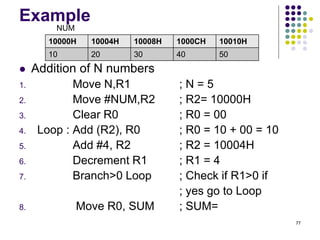 Example
 Addition of N numbers
1. Move N,R1 ; N = 5
2. Move #NUM,R2 ; R2= 10000H
3. Clear R0 ; R0 = 00
4. Loop : Add (R2), R0 ; R0 = 10 + 00 = 10
5. Add #4, R2 ; R2 = 10004H
6. Decrement R1 ; R1 = 4
7. Branch>0 Loop ; Check if R1>0 if
; yes go to Loop
8. Move R0, SUM ; SUM=
77
10000H 10004H 10008H 1000CH 10010H
10 20 30 40 50
NUM
 