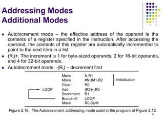 90
Addressing Modes
Additional Modes
 Autoincrement mode – the effective address of the operand is the
contents of a register specified in the instruction. After accessing the
operand, the contents of this register are automatically incremented to
point to the next item in a list.
 (Ri)+. The increment is 1 for byte-sized operands, 2 for 16-bit operands,
and 4 for 32-bit operands.
 Autodecrement mode: -(Ri) – decrement first
R0
Clear
R0,SUM
R1
(R2)+,R0
Figure 2.16. The Autoincrement addressing mode used in the program of Figure 2.12.
Initialization
Move
LOOP Add
Decrement
LOOP
#NUM1,R2
N,R1
Move
Move
Branch>0
 
