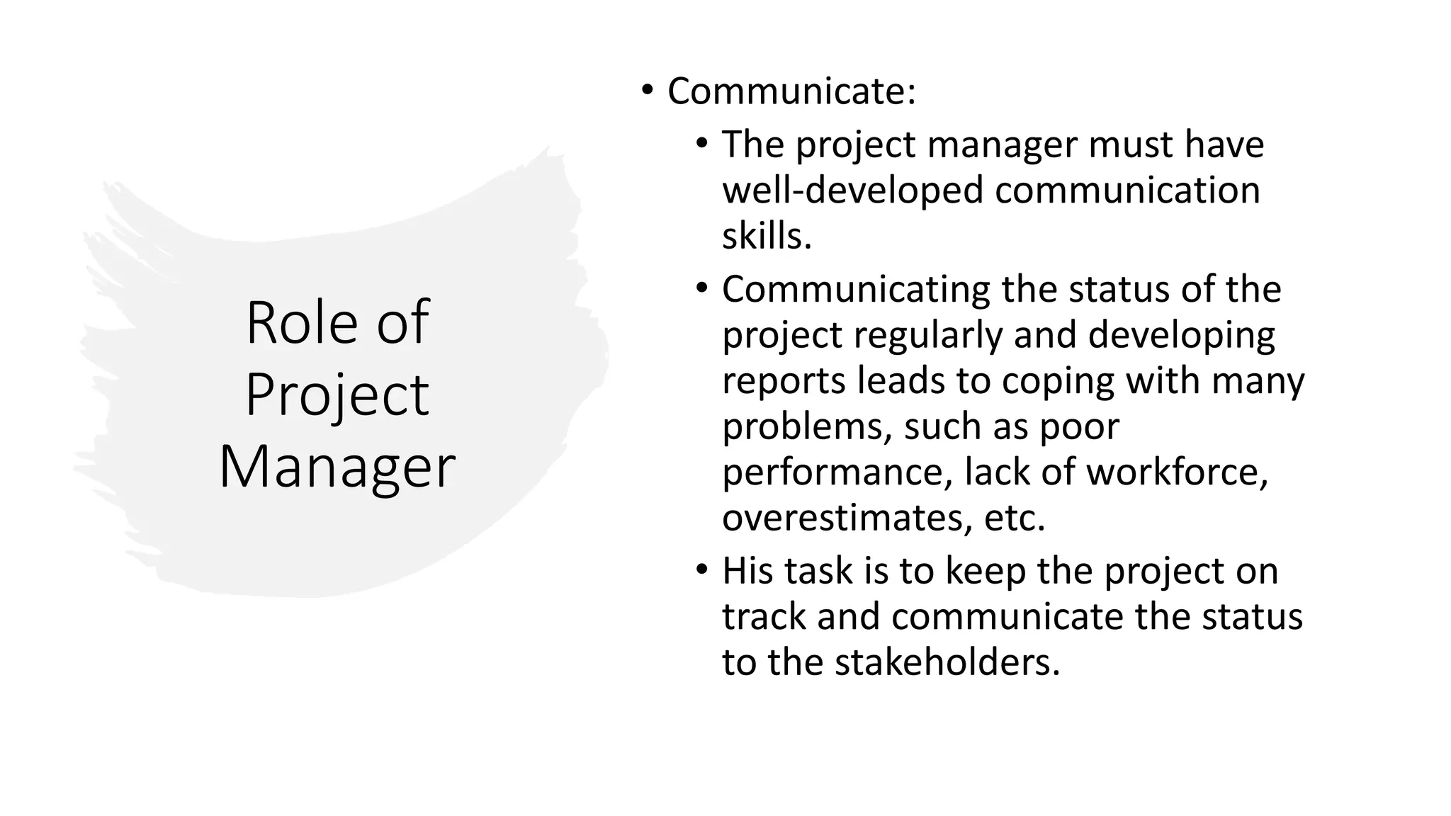 Role of
Project
Manager
• Communicate:
• The project manager must have
well-developed communication
skills.
• Communicating the status of the
project regularly and developing
reports leads to coping with many
problems, such as poor
performance, lack of workforce,
overestimates, etc.
• His task is to keep the project on
track and communicate the status
to the stakeholders.
 