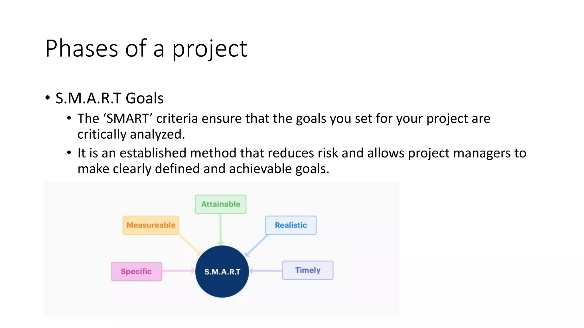 Phases of a project
• S.M.A.R.T Goals
• The ‘SMART’ criteria ensure that the goals you set for your project are
critically analyzed.
• It is an established method that reduces risk and allows project managers to
make clearly defined and achievable goals.
 
