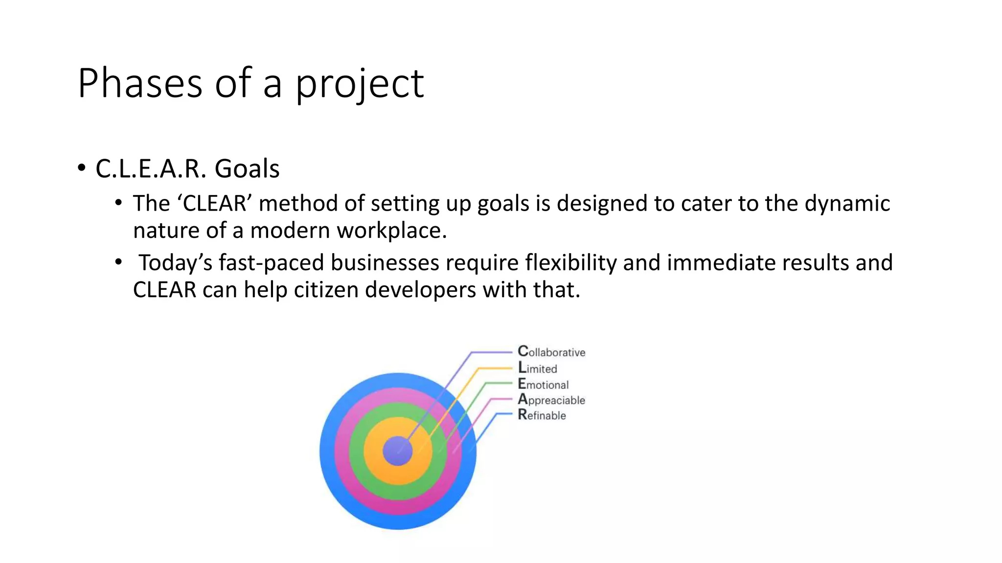Phases of a project
• C.L.E.A.R. Goals
• The ‘CLEAR’ method of setting up goals is designed to cater to the dynamic
nature of a modern workplace.
• Today’s fast-paced businesses require flexibility and immediate results and
CLEAR can help citizen developers with that.
 