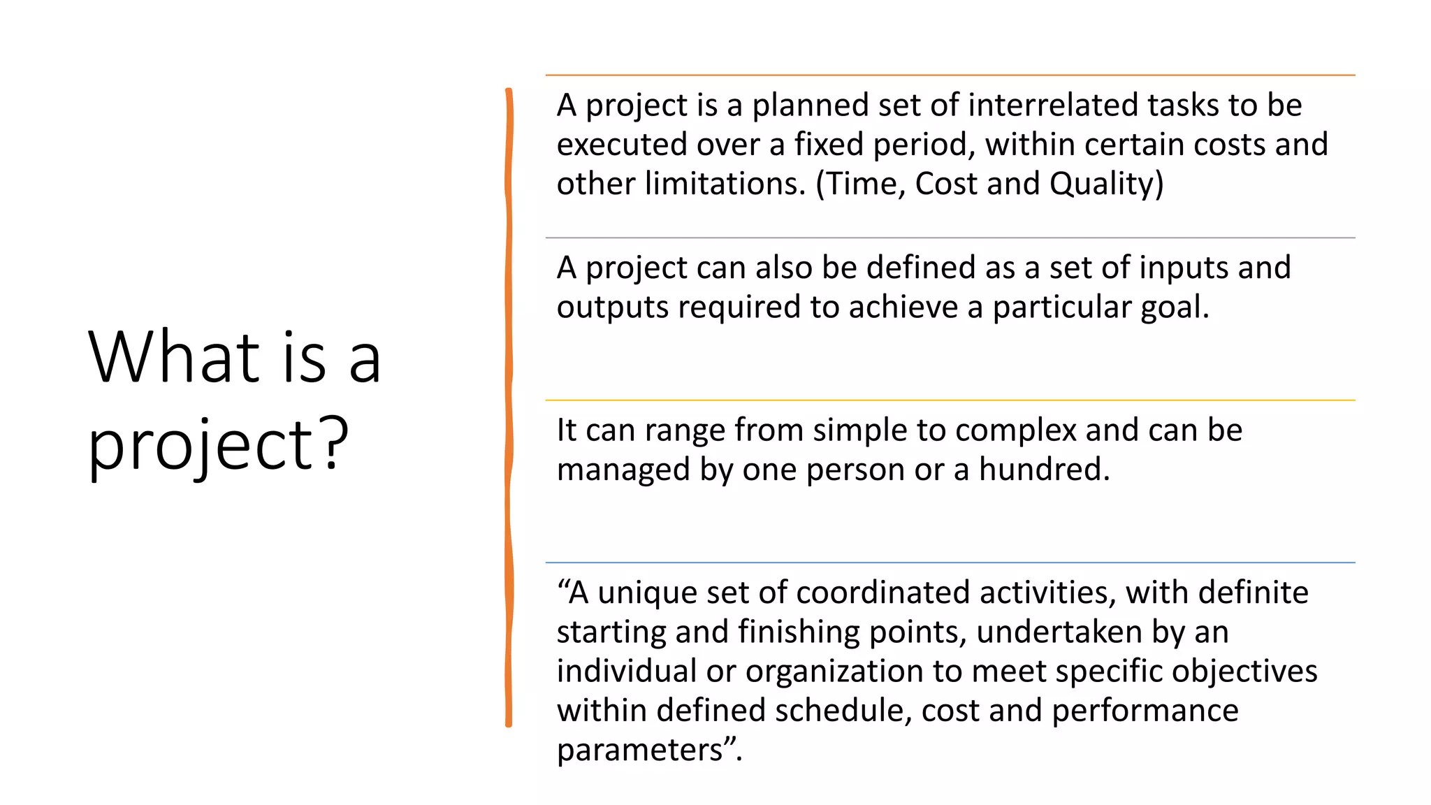 What is a
project?
A project is a planned set of interrelated tasks to be
executed over a fixed period, within certain costs and
other limitations. (Time, Cost and Quality)
A project can also be defined as a set of inputs and
outputs required to achieve a particular goal.
It can range from simple to complex and can be
managed by one person or a hundred.
“A unique set of coordinated activities, with definite
starting and finishing points, undertaken by an
individual or organization to meet specific objectives
within defined schedule, cost and performance
parameters”.
 