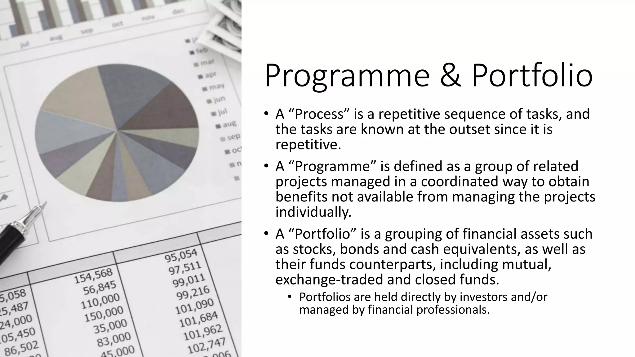 Programme & Portfolio
• A “Process” is a repetitive sequence of tasks, and
the tasks are known at the outset since it is
repetitive.
• A “Programme” is defined as a group of related
projects managed in a coordinated way to obtain
benefits not available from managing the projects
individually.
• A “Portfolio” is a grouping of financial assets such
as stocks, bonds and cash equivalents, as well as
their funds counterparts, including mutual,
exchange-traded and closed funds.
• Portfolios are held directly by investors and/or
managed by financial professionals.
 
