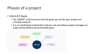Phases of a project
• S.M.A.R.T Goals
• The ‘SMART’ criteria ensure that the goals you set for your project are
critically analyzed.
• It is an established method that reduces risk and allows project managers to
make clearly defined and achievable goals.
 
