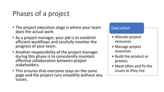 Phases of a project
• The project execution stage is where your team
does the actual work.
• As a project manager, your job is to establish
efficient workflows and carefully monitor the
progress of your team.
• Another responsibility of the project manager
during this phase is to consistently maintain
effective collaboration between project
stakeholders.
• This ensures that everyone stays on the same
page and the project runs smoothly without any
issues.
• Allocate project
resources
• Manage project
resources
• Build the product or
process
• Meet often and fix the
issues as they rise
Execution
 