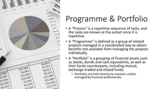 Programme & Portfolio
• A “Process” is a repetitive sequence of tasks, and
the tasks are known at the outset since it is
r...