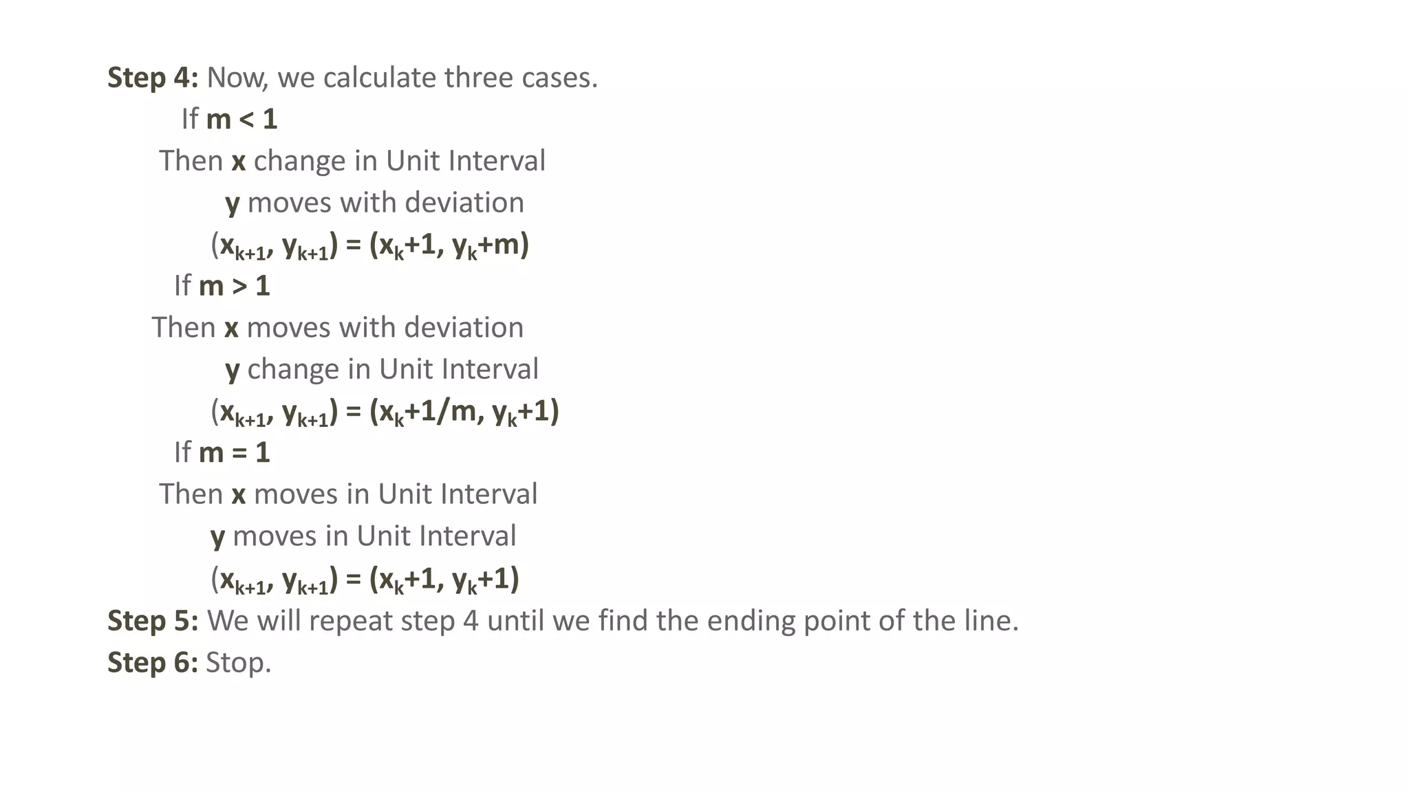 Step 4: Now, we calculate three cases.
If m < 1
Then x change in Unit Interval
y moves with deviation
(xk+1, yk+1) = (xk+1, yk+m)
If m > 1
Then x moves with deviation
y change in Unit Interval
(xk+1, yk+1) = (xk+1/m, yk+1)
If m = 1
Then x moves in Unit Interval
y moves in Unit Interval
(xk+1, yk+1) = (xk+1, yk+1)
Step 5: We will repeat step 4 until we find the ending point of the line.
Step 6: Stop.
 