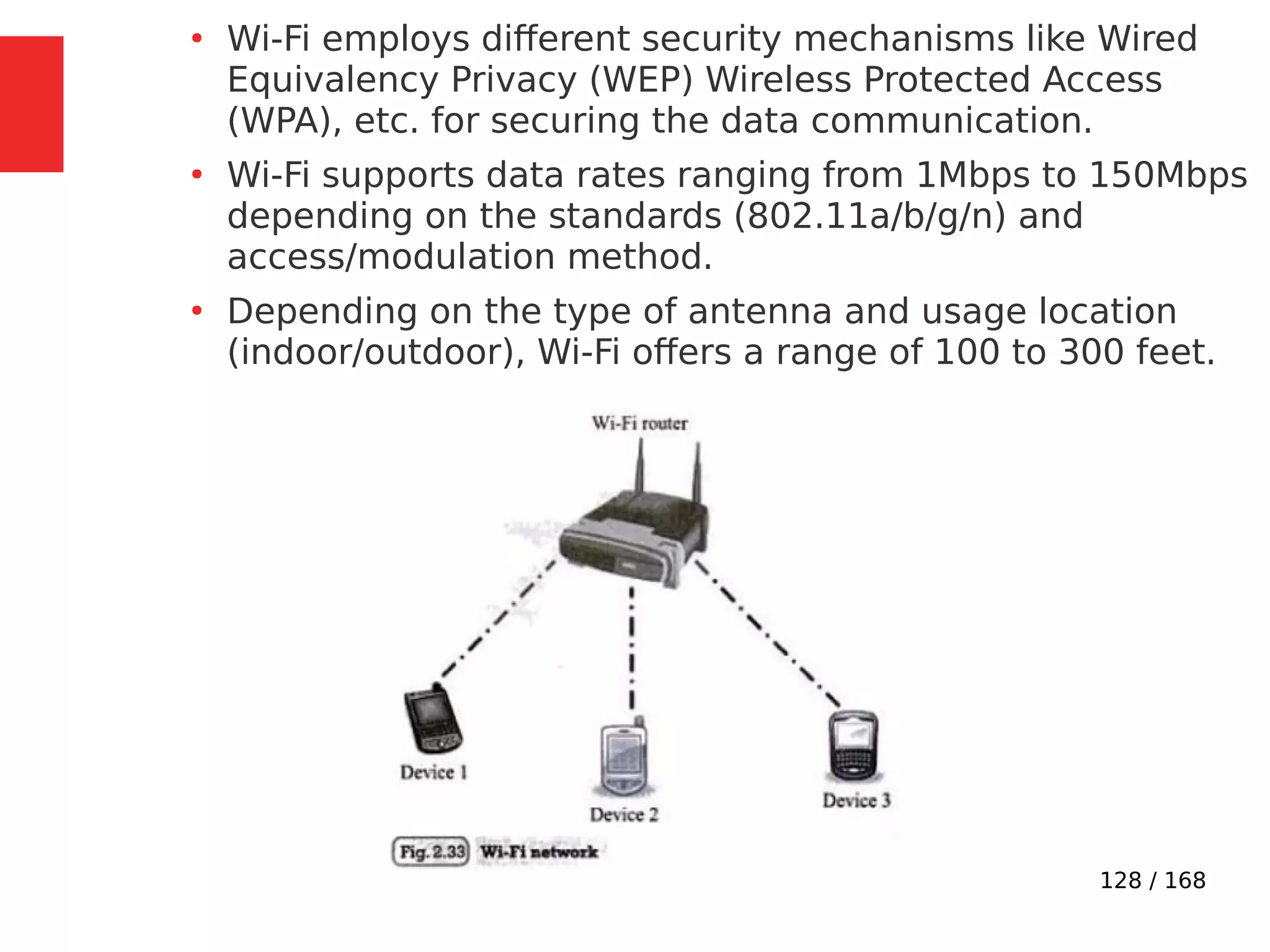 128 / 168
●
Wi-Fi employs different security mechanisms like Wired
Equivalency Privacy (WEP) Wireless Protected Access
(WPA), etc. for securing the data communication.
●
Wi-Fi supports data rates ranging from 1Mbps to 150Mbps
depending on the standards (802.11a/b/g/n) and
access/modulation method.
●
Depending on the type of antenna and usage location
(indoor/outdoor), Wi-Fi offers a range of 100 to 300 feet.
 