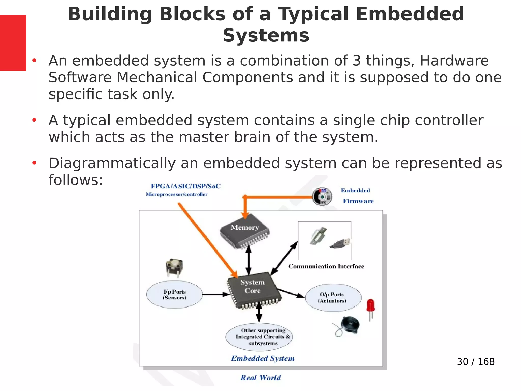 30 / 168
Building Blocks of a Typical Embedded
Systems
●
An embedded system is a combination of 3 things, Hardware
Software Mechanical Components and it is supposed to do one
specific task only.
●
A typical embedded system contains a single chip controller
which acts as the master brain of the system.
●
Diagrammatically an embedded system can be represented as
follows:
 