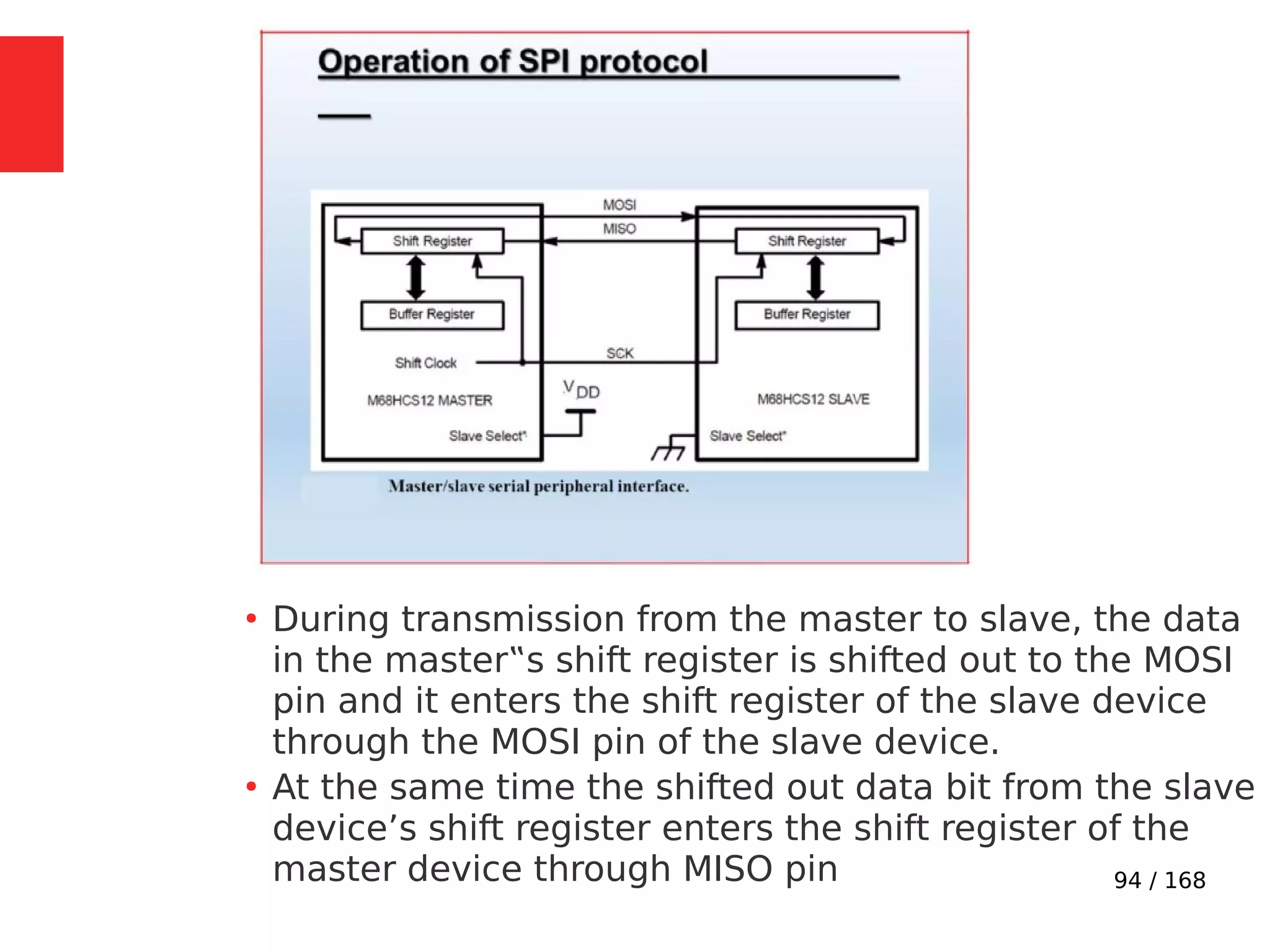 94 / 168
●
During transmission from the master to slave, the data
in the master‟s shift register is shifted out to the MOSI
pin and it enters the shift register of the slave device
through the MOSI pin of the slave device.
●
At the same time the shifted out data bit from the slave
device’s shift register enters the shift register of the
master device through MISO pin
 