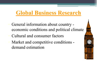 Global Business Research
• General information about country -
economic conditions and political climate
• Cultural and consumer factors
• Market and competitive conditions -
demand estimation
 