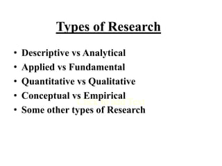 Click to add Text
Types of Research
• Descriptive vs Analytical
• Applied vs Fundamental
• Quantitative vs Qualitative
• Conceptual vs Empirical
• Some other types of Research
 