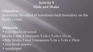 Activity 5
Slide and Shake
Objective:
determine the effect of transform-fault boundary on the
Earth’s crust.
Materials:
• four blocks of wood:
blocks 1 and 4 measures 5 cm x 5 cm x 10 cm
while blocks 2 and 3 measures 5 cm x 5 cm x 15cm
• two hook screws
• sandpaper
 