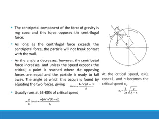 • The centripetal component of the force of gravity is
mg cosα and this force opposes the centrifugal
force.
• As long as the centrifugal force exceeds the
centripetal force, the particle will not break contact
with the wall.
• As the angle α decreases, however, the centripetal
force increases, and unless the speed exceeds the
critical, a point is reached where the opposing
forces are equal and the particle is ready to fall
away. The angle at which this occurs is found by
equating the two forces, giving
At the critical speed, α=0,
cosα=1, and n becomes the
critical speed nc
• Usually runs at 65-80% of critical speed
 
