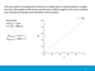 30
The size analysis of a powdered material on a weight basis is represented by a straight
line from 0% weight at 100 micron particle size to 100 % weight at 101 micron particle
size. Calculate the Sauter mean diameter of the particles.
Given data
x=0, Dpi = 1 µm
x=1, Dpi = 100 µm
0.0 0.2 0.4 0.6 0.8 1.0
0
20
40
60
80
100
Dpi
xi
Dpi
𝐷𝑝𝑖,𝑎𝑣𝑔 = 𝑚𝑥𝑖 + 𝑐
𝐷𝑝𝑖,𝑎𝑣𝑔 = 100𝑥𝑖 + 1
 