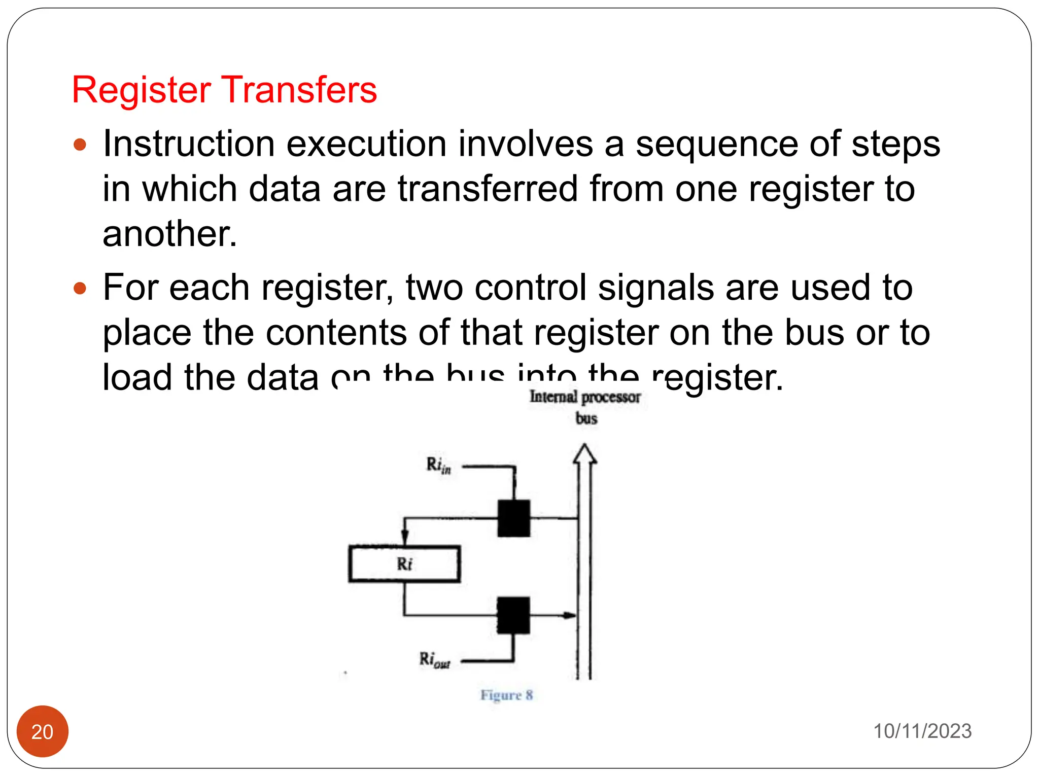 Register Transfers
 Instruction execution involves a sequence of steps
in which data are transferred from one register to
another.
 For each register, two control signals are used to
place the contents of that register on the bus or to
load the data on the bus into the register.
10/11/2023
20
 