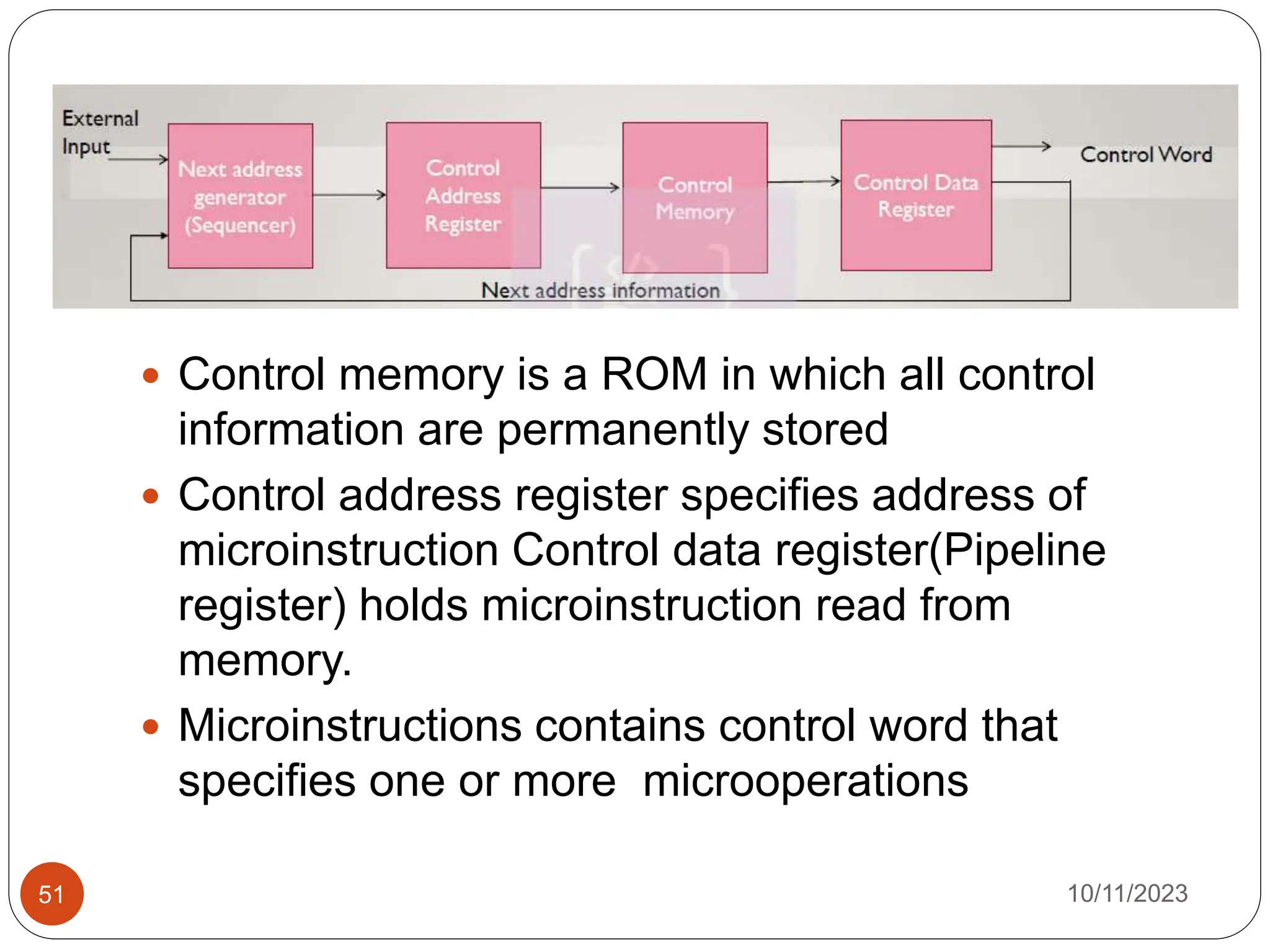  Control memory is a ROM in which all control
information are permanently stored
 Control address register specifies address of
microinstruction Control data register(Pipeline
register) holds microinstruction read from
memory.
 Microinstructions contains control word that
specifies one or more microoperations
10/11/2023
51
 