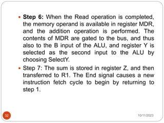  Step 6: When the Read operation is completed,
the memory operand is available in register MDR,
and the addition operation is performed. The
contents of MDR are gated to the bus, and thus
also to the B input of the ALU, and register Y is
selected as the second input to the ALU by
choosing SelectY.
 Step 7: The sum is stored in register Z, and then
transferred to R1. The End signal causes a new
instruction fetch cycle to begin by returning to
step 1.
10/11/2023
32
 