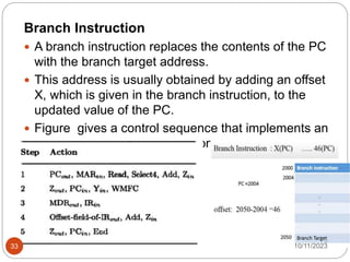 Branch Instruction
 A branch instruction replaces the contents of the PC
with the branch target address.
 This address is usually obtained by adding an offset
X, which is given in the branch instruction, to the
updated value of the PC.
 Figure gives a control sequence that implements an
unconditional branch instruction.
10/11/2023
33
 
