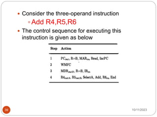  Consider the three-operand instruction
Add R4,R5,R6
 The control sequence for executing this
instruction is given as below
10/11/2023
39
 