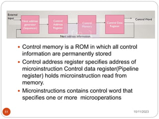  Control memory is a ROM in which all control
information are permanently stored
 Control address register specifies address of
microinstruction Control data register(Pipeline
register) holds microinstruction read from
memory.
 Microinstructions contains control word that
specifies one or more microoperations
10/11/2023
51
 