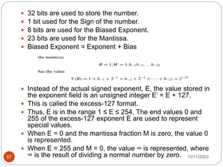  32 bits are used to store the number.
 1 bit used for the Sign of the number.
 8 bits are used for the Biased Exponent.
 23 bits are used for the Mantissa.
 Biased Exponent = Exponent + Bias
 Instead of the actual signed exponent, E, the value stored in
the exponent field is an unsigned integer E’ = E + 127.
 This is called the excess-127 format.
 Thus, E is in the range 1 ≤ E ≤ 254, The end values 0 and
255 of the excess-127 exponent E are used to represent
special values.
 When E = 0 and the mantissa fraction M is zero, the value 0
is represented.
 When E = 255 and M = 0, the value ∞ is represented, where
∞ is the result of dividing a normal number by zero. 10/11/2023
67
 