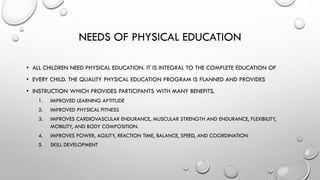 NEEDS OF PHYSICAL EDUCATION
• ALL CHILDREN NEED PHYSICAL EDUCATION. IT IS INTEGRAL TO THE COMPLETE EDUCATION OF
• EVERY CHILD. THE QUALITY PHYSICAL EDUCATION PROGRAM IS PLANNED AND PROVIDES
• INSTRUCTION WHICH PROVIDES PARTICIPANTS WITH MANY BENEFITS.
1. IMPROVED LEARNING APTITUDE
2. IMPROVED PHYSICAL FITNESS
3. IMPROVES CARDIOVASCULAR ENDURANCE, MUSCULAR STRENGTH AND ENDURANCE, FLEXIBILITY,
MOBILITY, AND BODY COMPOSITION.
4. IMPROVES POWER, AGILITY, REACTION TIME, BALANCE, SPEED, AND COORDINATION
5. SKILL DEVELOPMENT
 