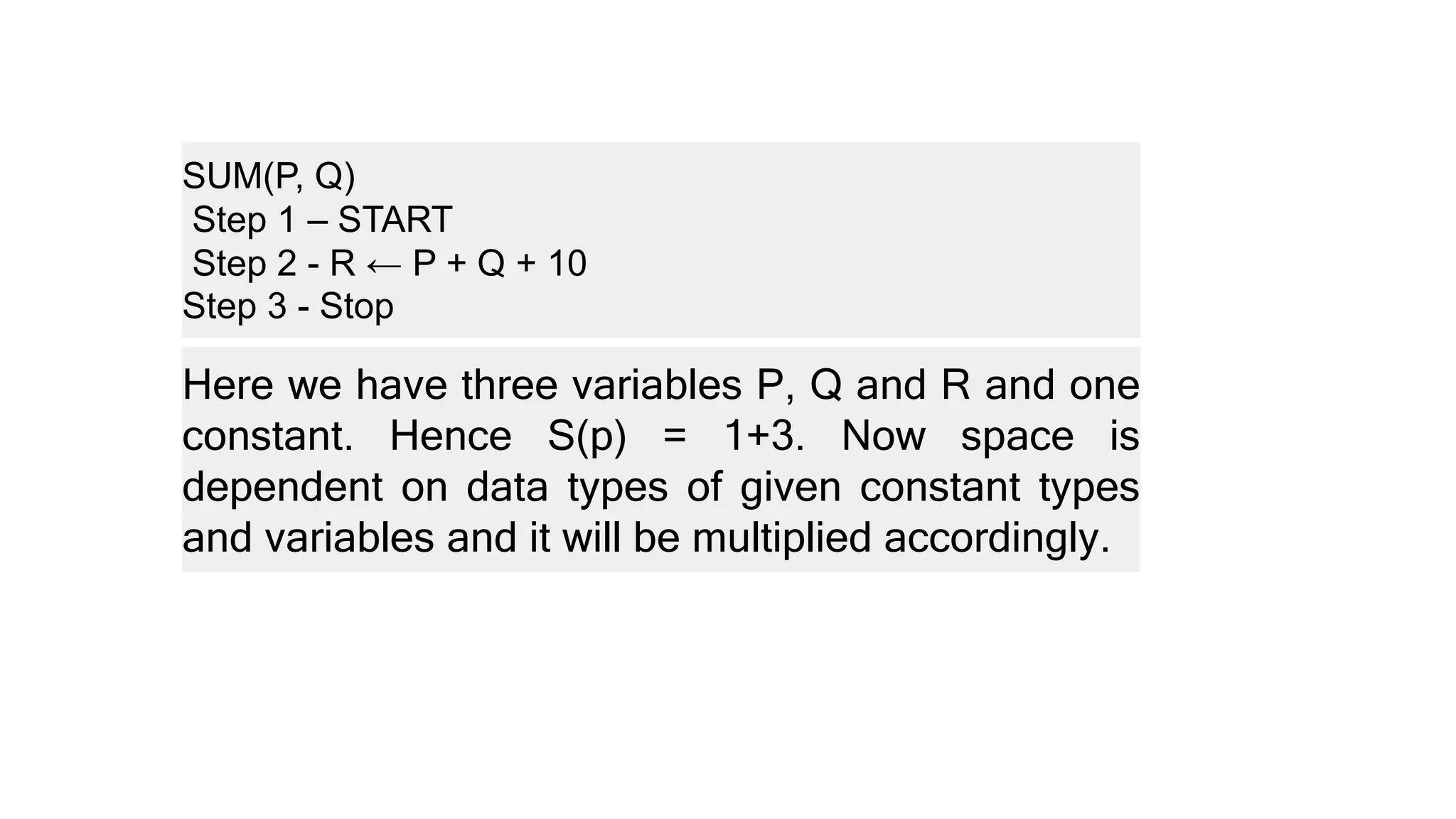 Here we have three variables P, Q and R and one
constant. Hence S(p) = 1+3. Now space is
dependent on data types of given constant types
and variables and it will be multiplied accordingly.
SUM(P, Q)
Step 1 – START
Step 2 - R ← P + Q + 10
Step 3 - Stop
 