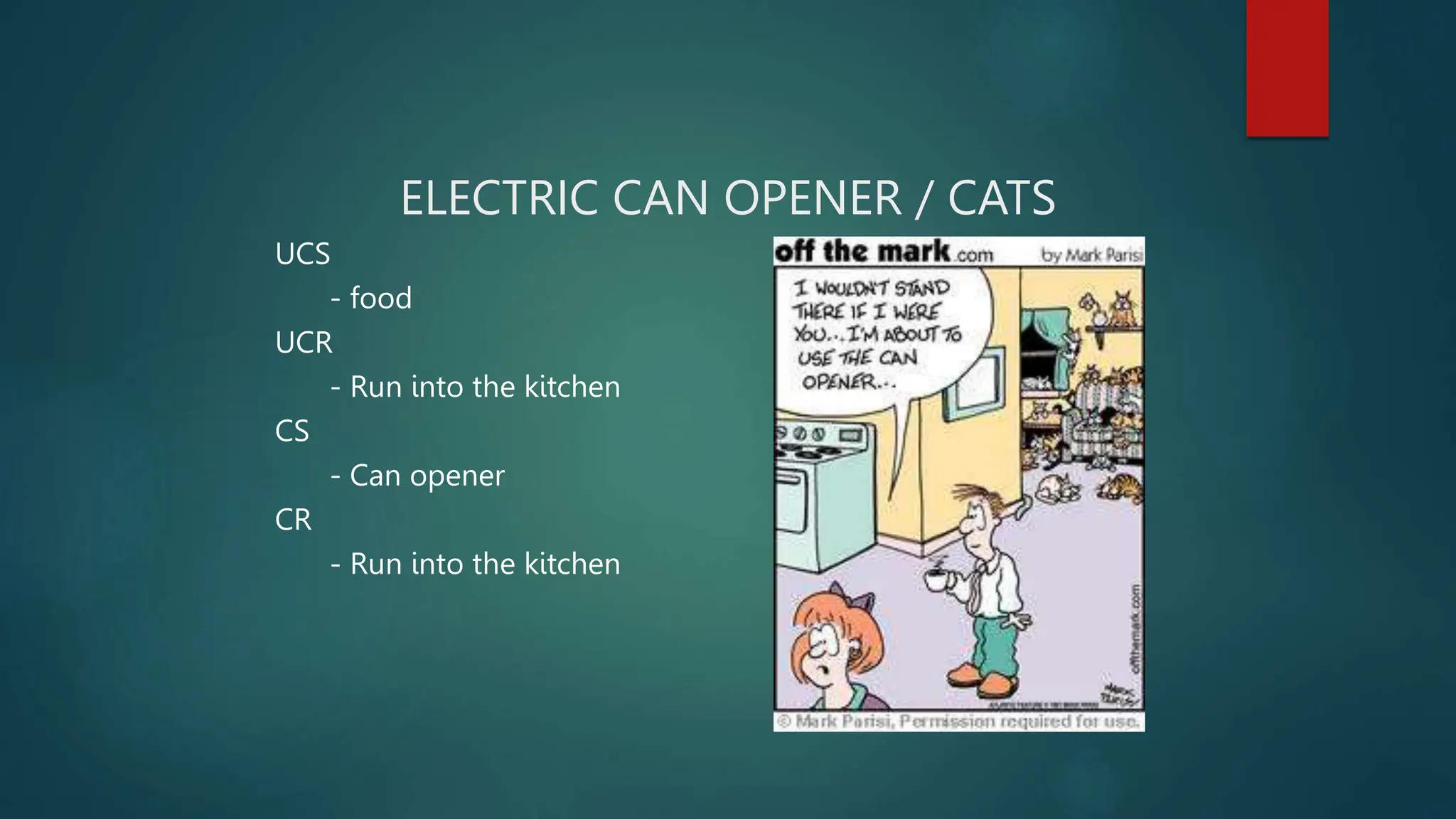ELECTRIC CAN OPENER / CATS
UCS
- food
UCR
- Run into the kitchen
CS
- Can opener
CR
- Run into the kitchen
 