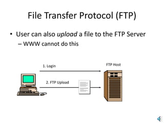 File Transfer Protocol (FTP)
• User can also upload a file to the FTP Server
– WWW cannot do this
FTP Host
2. FTP Upload
1. Login
 
