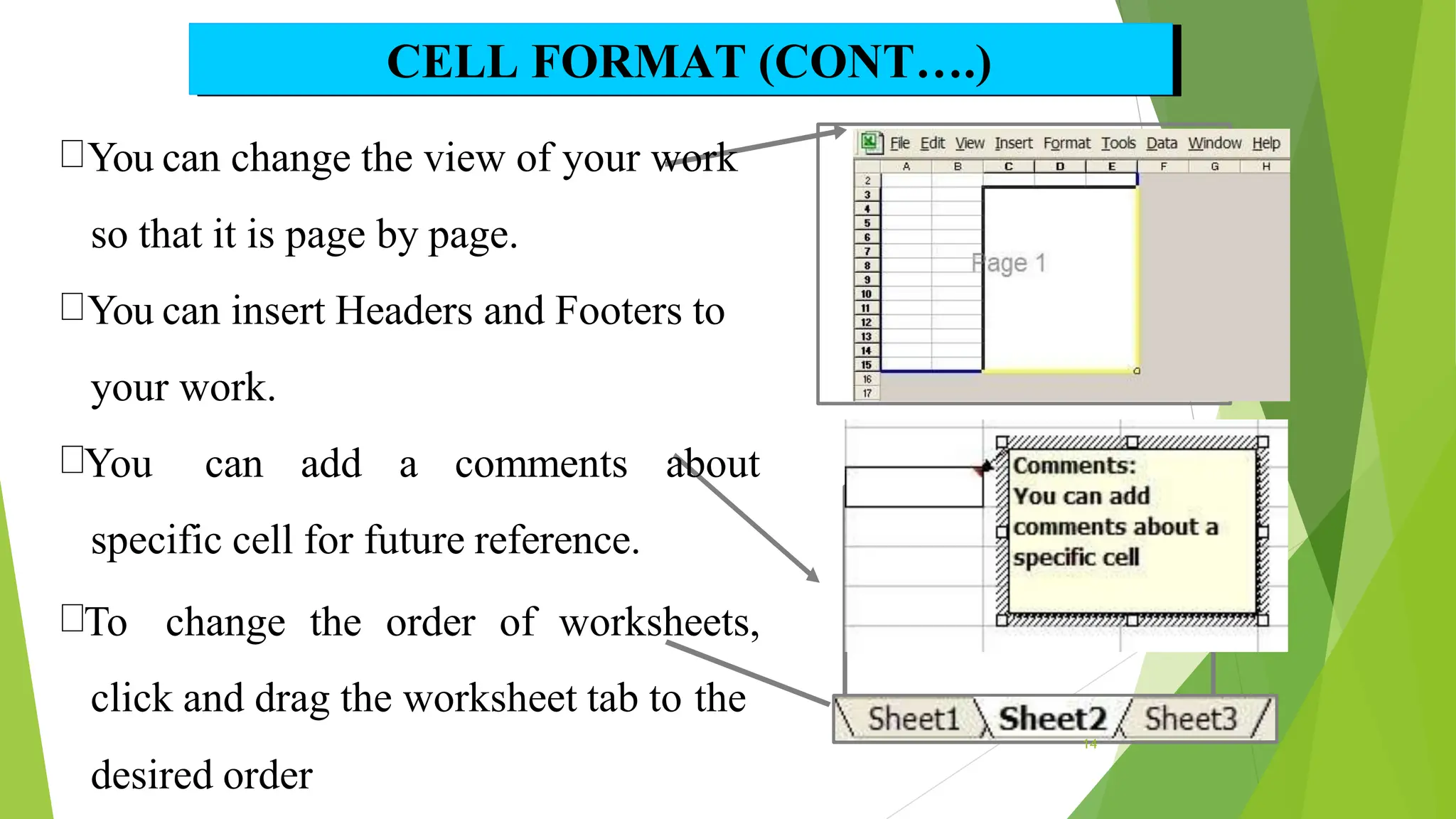 CELL FORMAT (CONT….)
You can change the view of your work
so that it is page by page.
You can insert Headers and Footers to
your work.
You can add a comments about
specific cell for future reference.
To change the order of worksheets,
click and drag the worksheet tab to the
desired order
14
 