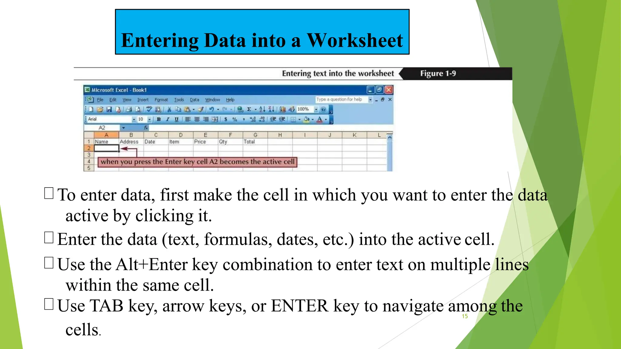 Entering Data into a Worksheet
To enter data, first make the cell in which you want to enter the data
active by clicking it.
Enter the data (text, formulas, dates, etc.) into the active cell.
Use the Alt+Enter key combination to enter text on multiple lines
within the same cell.
Use TAB key, arrow keys, or ENTER key to navigate among the
15
cells.
 