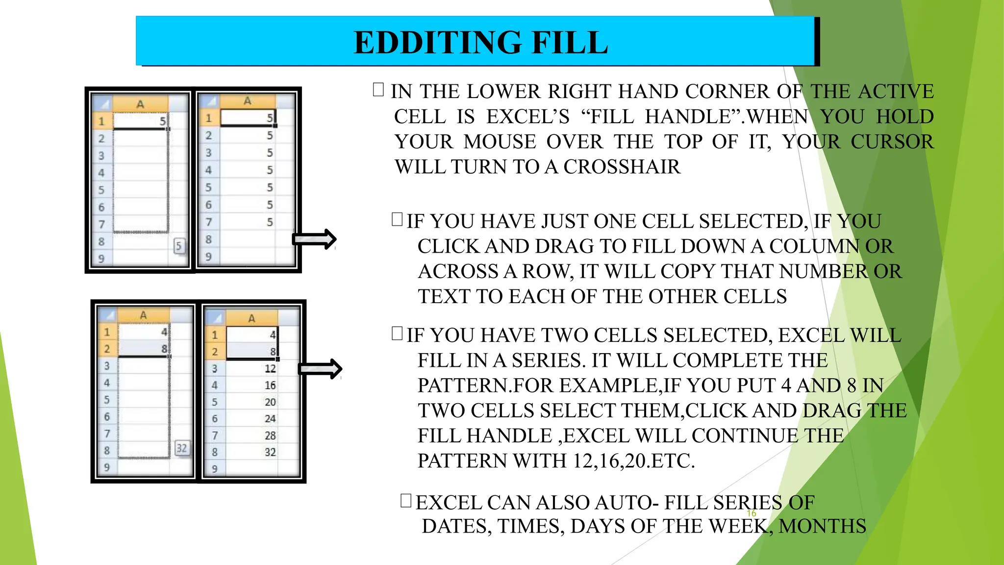 IN THE LOWER RIGHT HAND CORNER OF THE ACTIVE
CELL IS EXCEL’S “FILL HANDLE”.WHEN YOU HOLD
YOUR MOUSE OVER THE TOP OF IT, YOUR CURSOR
WILL TURN TO A CROSSHAIR
IF YOU HAVE JUST ONE CELL SELECTED, IF YOU
CLICK AND DRAG TO FILL DOWN A COLUMN OR
ACROSS A ROW, IT WILL COPY THAT NUMBER OR
TEXT TO EACH OF THE OTHER CELLS
IF YOU HAVE TWO CELLS SELECTED, EXCEL WILL
FILL IN A SERIES. IT WILL COMPLETE THE
PATTERN.FOR EXAMPLE,IF YOU PUT 4 AND 8 IN
TWO CELLS SELECT THEM,CLICK AND DRAG THE
FILL HANDLE ,EXCEL WILL CONTINUE THE
PATTERN WITH 12,16,20.ETC.
EXCEL CAN ALSO AUTO- FILL SERIES OF
DATES, TIMES, DAYS OF THE WEEK, MONTHS
EDDITING FILL
16
 