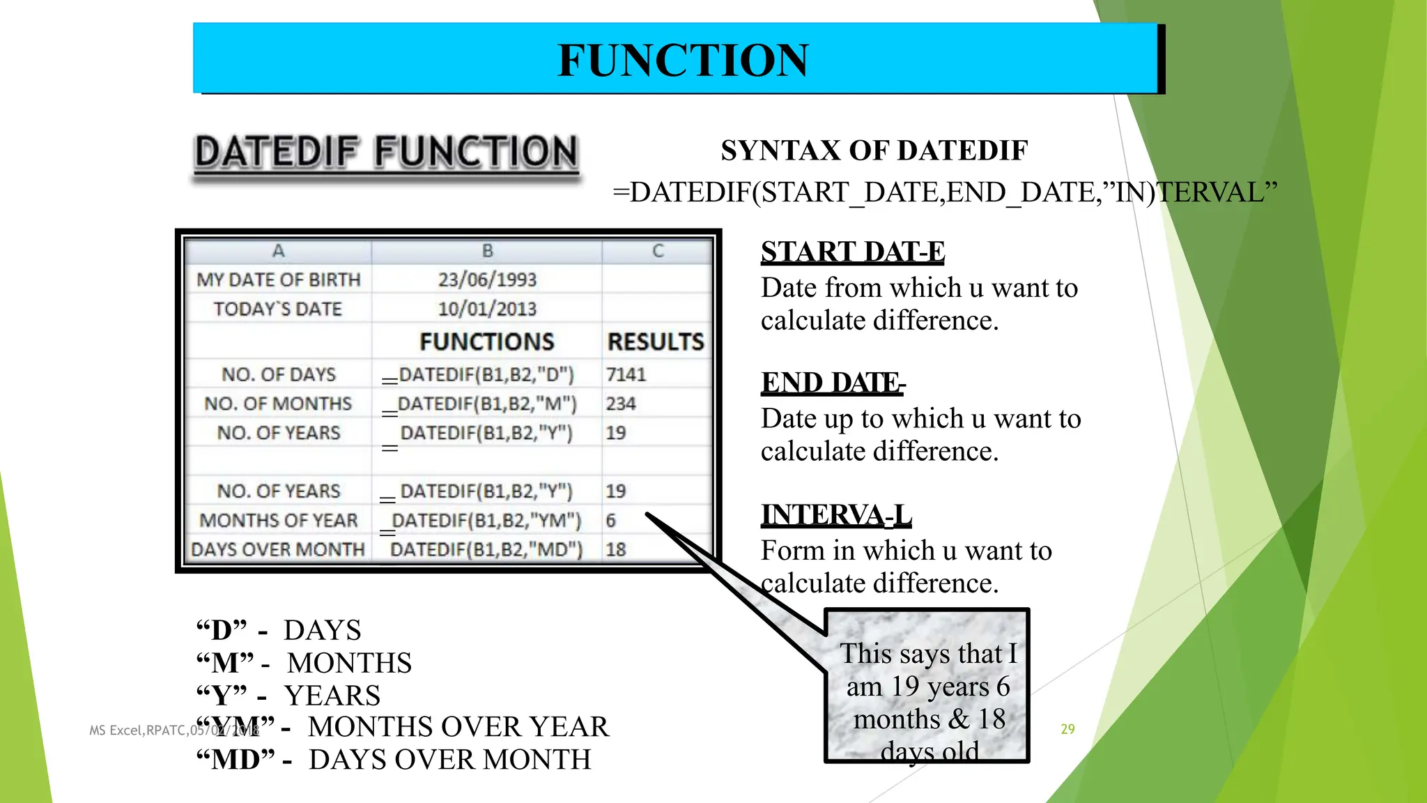 =
=
=
=
=
=
SYNTAX OF DATEDIF
=DATEDIF(START_DATE,END_DATE,”IN)TERVAL”
START DAT-E
Date from which u want to
calculate difference.
END DATE-
Date up to which u want to
calculate difference.
INTERVA-L
Form in which u want to
calculate difference.
This says that I
am 19 years 6
months & 18
days old
FUNCTION
“D” - DAYS
“M” - MONTHS
“Y” - YEARS
MS Excel,RPATC,0“
5/Y
02/2
M
018” - MONTHS OVER YEAR
“MD” - DAYS OVER MONTH
29
 