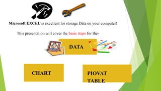 Microsoft EXCEL is excellent for storage Data on your computer!
This presentation will cover the basic steps for the-
DATA
CHART PIOVAT
TABLE 2
 
