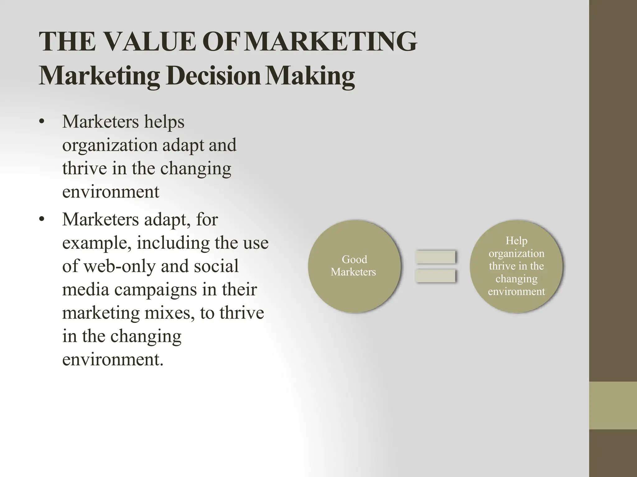 THE VALUE OFMARKETING
Marketing DecisionMaking
• Marketers helps
organization adapt and
thrive in the changing
environment
• Marketers adapt, for
example, including the use
of web-only and social
media campaigns in their
marketing mixes, to thrive
in the changing
environment.
Good
Marketers
Help
organization
thrive in the
changing
environment
 