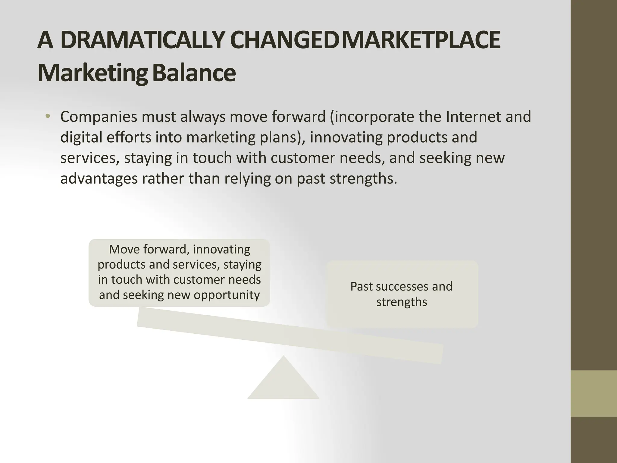 A DRAMATICALLYCHANGEDMARKETPLACE
MarketingBalance
• Companies must always move forward (incorporate the Internet and
digital efforts into marketing plans), innovating products and
services, staying in touch with customer needs, and seeking new
advantages rather than relying on past strengths.
Move forward, innovating
products and services, staying
in touch with customer needs
and seeking new opportunity
Past successes and
strengths
 