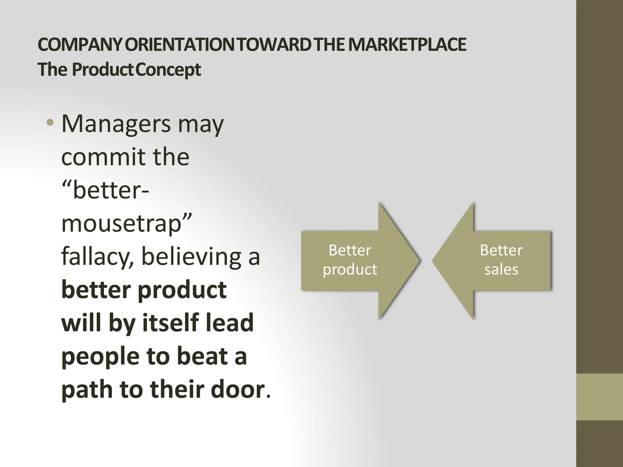 COMPANYORIENTATIONTOWARDTHEMARKETPLACE
The ProductConcept
• Managers may
commit the
“better-
mousetrap”
fallacy, believing a
better product
will by itself lead
people to beat a
path to their door.
Better
product
Better
sales
 