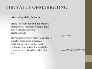 THE VALUE OFMARKETING
• Marketing ability helps to
• create sufficient demand for products
and services, which is essential for a
firm’s financial success,
• create jobs and
• provide resources for firms to engage is
socially responsible activities.
• build strong brands and a loyal
customer base, intangible assets that
contribute heavily to the value of a
firm
Jobs
Profits Giving
 