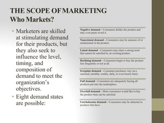 THE SCOPE OFMARKETING
Who Markets?
• Marketers are skilled
at stimulating demand
for their products, but
they also seek to
influence the level,
timing, and
composition of
demand to meet the
organization’s
objectives.
• Eight demand states
are possible:
Negative demand—Consumers dislike the product and
may even payto avoid it.
Nonexistent demand—Consumers may be unaware of or
uninterested in the product.
Latent demand—Consumers may share a strong need
that cannot be satisfied by an existing product.
Declining demand—Consumers begin to buy the product
less frequently or not at all.
Irregular demand—Consumer purchases vary on a
seasonal, monthly, weekly, daily, or even hourly basis.
Full demand—Consumers are adequately buying all
products put into the marketplace.
Overfull demand—More consumers would like to buy
the product than can be satisfied.
Unwholesome demand—Consumers may be attracted to
products that have
 