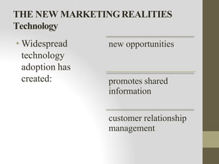 THE NEW MARKETINGREALITIES
Technology
• Widespread
technology
adoption has
created:
new opportunities
promotes shared
information
customer relationship
management
 