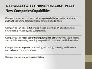 A DRAMATICALLYCHANGEDMARKETPLACE
New CompaniesCapabilities
Companies can use the Internet as a powerful information and sales
channel, including for individually differentiated goods.
Companies can collect fuller and richer information about markets,
customers, prospects, and competitors.
Companies can reach customers quickly and efficiently via social media
and mobile marketing, sending targeted ads, coupons, and information.
Companies can improve purchasing, recruiting, training, and internal
and external communications.
Companies can improve cost efficiency.
 