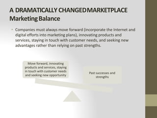 A DRAMATICALLYCHANGEDMARKETPLACE
MarketingBalance
• Companies must always move forward (incorporate the Internet and
digital efforts into marketing plans), innovating products and
services, staying in touch with customer needs, and seeking new
advantages rather than relying on past strengths.
Move forward, innovating
products and services, staying
in touch with customer needs
and seeking new opportunity
Past successes and
strengths
 