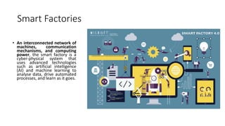 Smart Factories
• An interconnected network of
machines, communication
mechanisms, and computing
power, the smart factory is a
cyber-physical system that
uses advanced technologies
such as artificial intelligence
(AI) and machine learning to
analyse data, drive automated
processes, and learn as it goes.
 