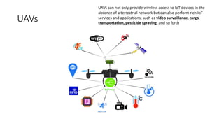 UAVs
UAVs can not only provide wireless access to IoT devices in the
absence of a terrestrial network but can also perform rich IoT
services and applications, such as video surveillance, cargo
transportation, pesticide spraying, and so forth
 