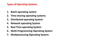 Types of Operating Systems
1. Batch operating system
2. Time-sharing operating systems
3. Distributed operating System
4. Network operating System
5. Real Time operating System
6. Multi-Programming Operating System
7. Multiprocessing Operating System:
 