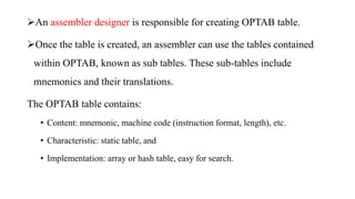 An assembler designer is responsible for creating OPTAB table.
Once the table is created, an assembler can use the tables contained
within OPTAB, known as sub tables. These sub-tables include
mnemonics and their translations.
The OPTAB table contains:
• Content: mnemonic, machine code (instruction format, length), etc.
• Characteristic: static table, and
• Implementation: array or hash table, easy for search.
 